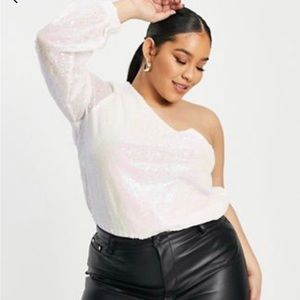 NYE One Shoulder Iridescent Pink Plus Size Bodysuit